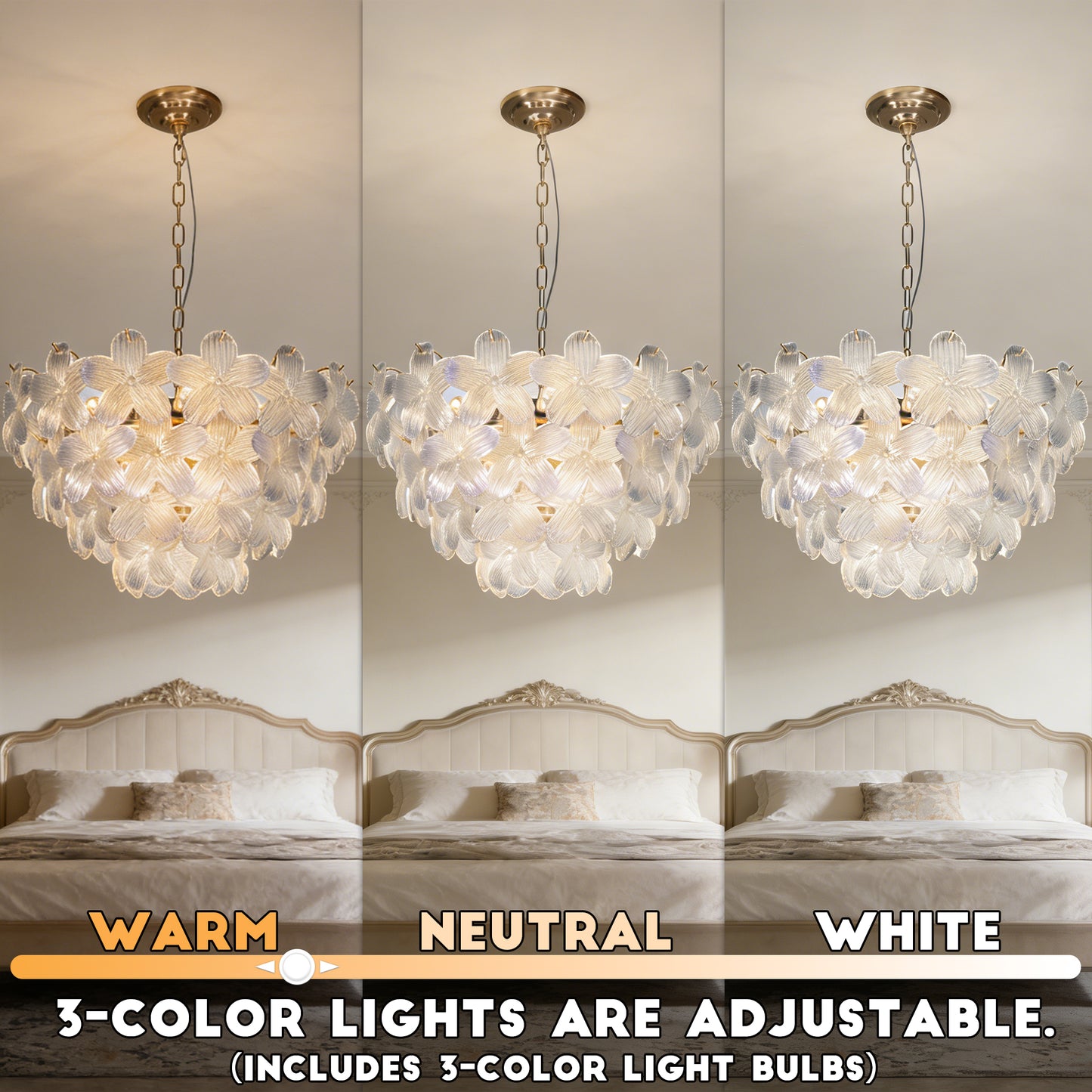 Modern Floral Textured Glass Chandelier, 3-Color Dimmable Pendant Light with Adjustable Chain