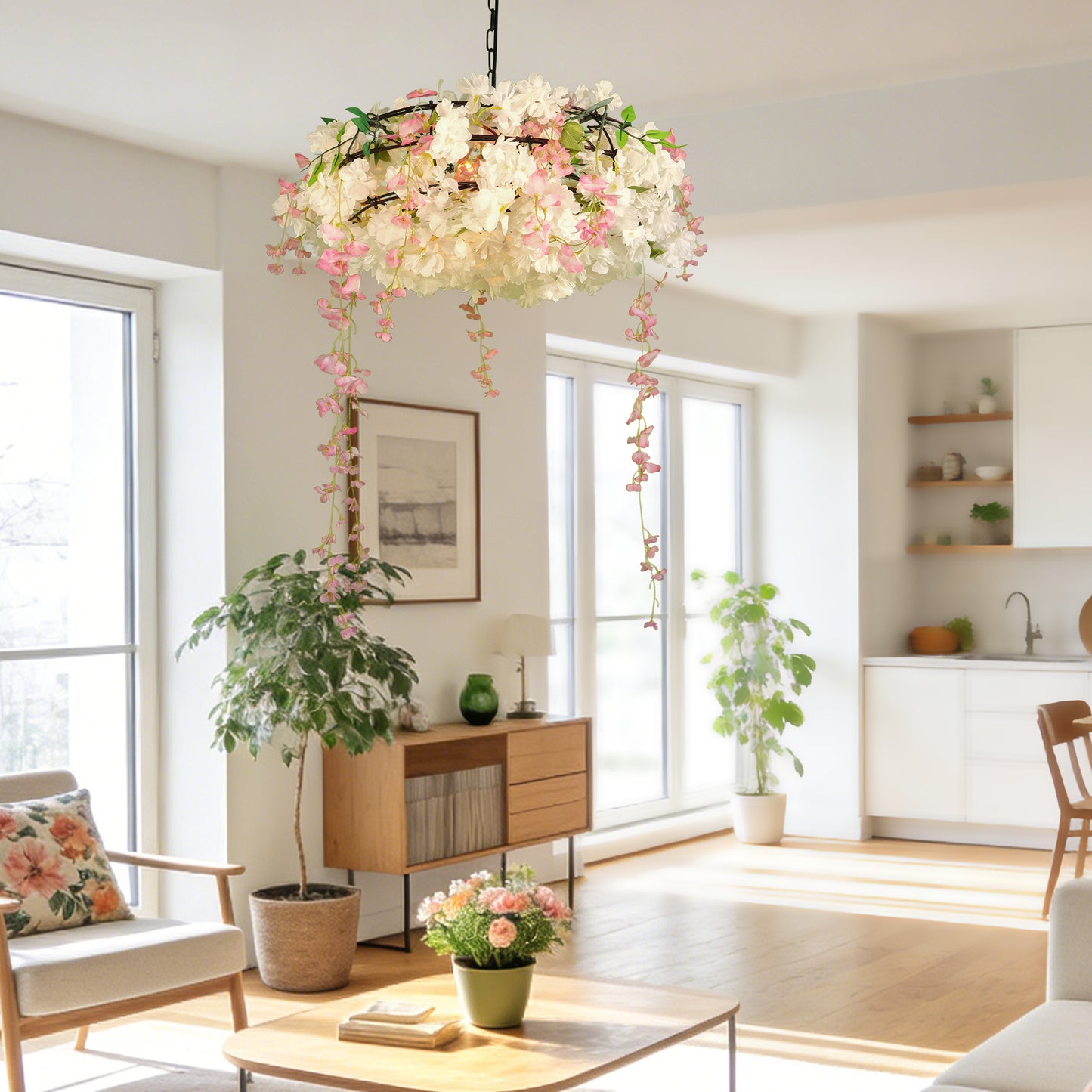 Artificial Cherry Blossom Wisteria Chandelier | 3-Light E26 Adjustable Floral Pendant Light