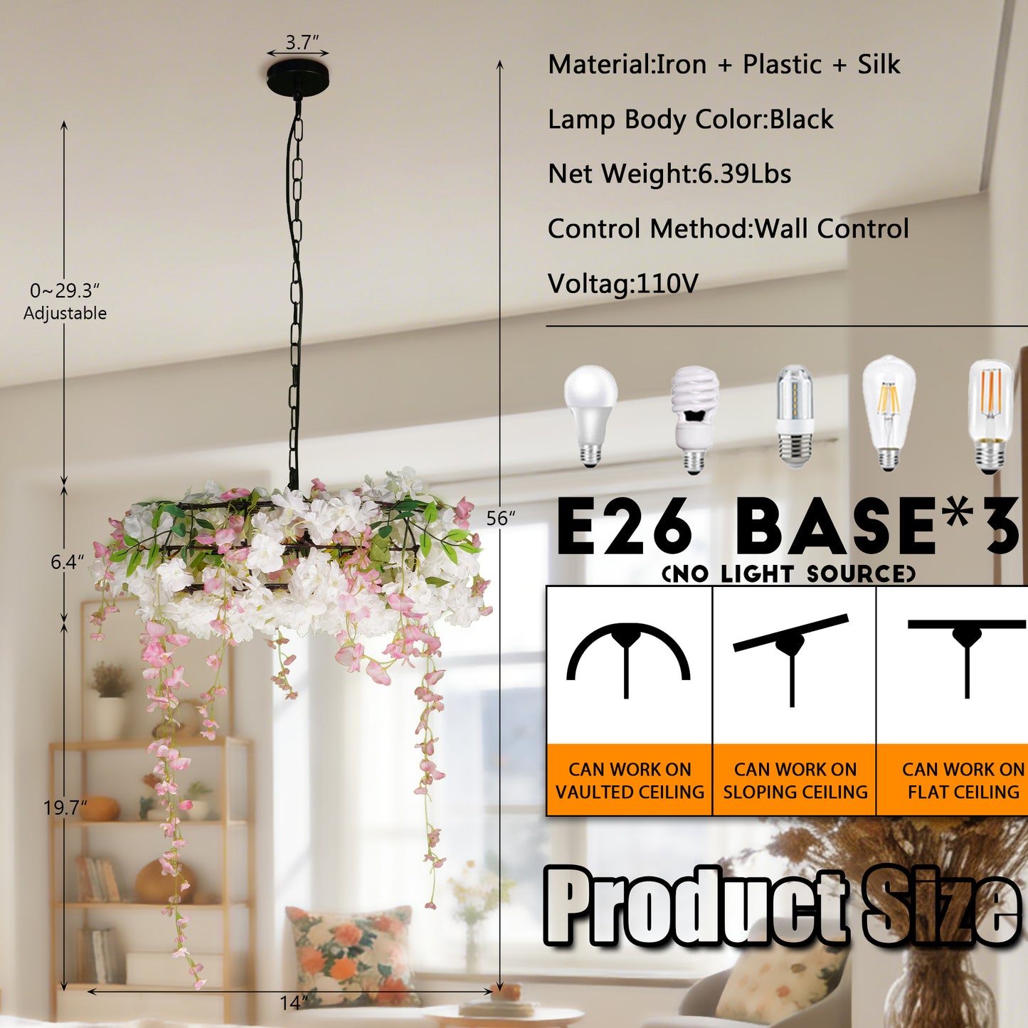 Artificial Cherry Blossom Wisteria Chandelier | 3-Light E26 Adjustable Floral Pendant Light