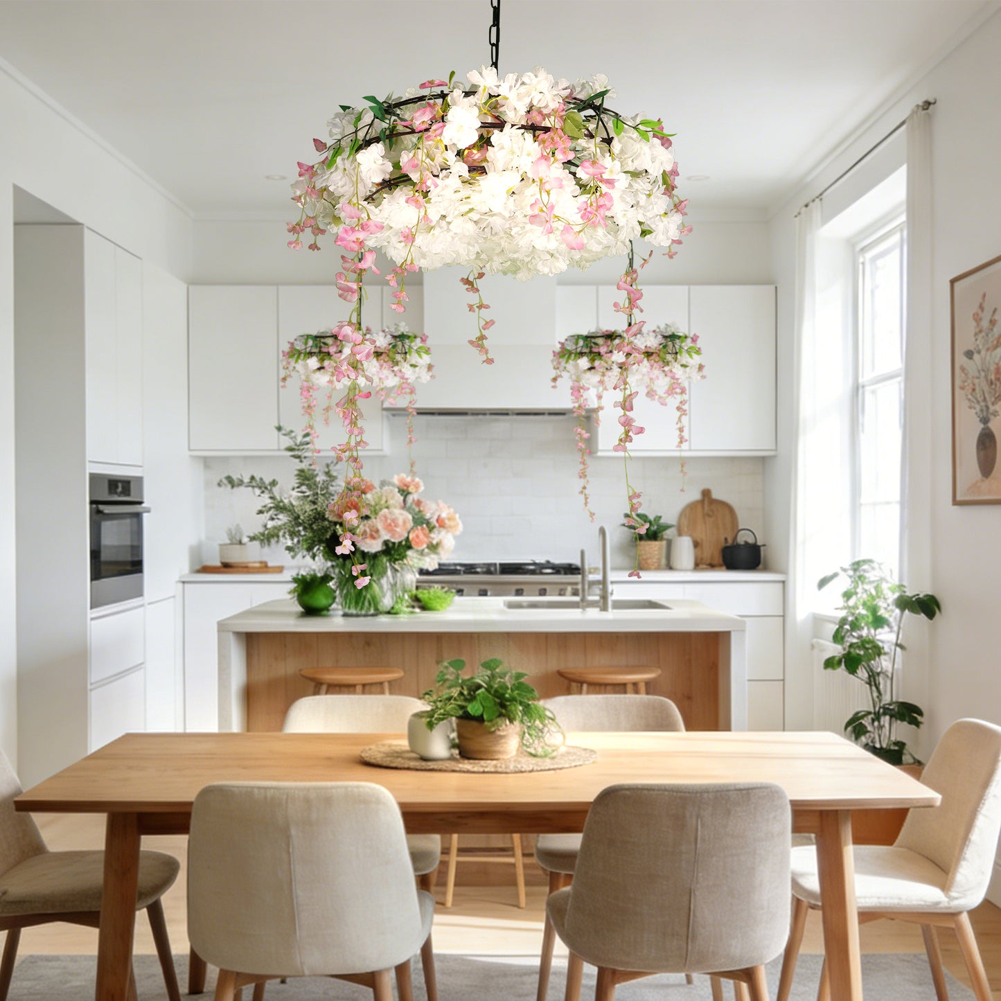 Artificial Cherry Blossom Wisteria Chandelier | 3-Light E26 Adjustable Floral Pendant Light