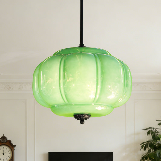 Vintage Green Pumpkin Glass Pendant Light - 3-Color Dimmable E26 Ceiling Lamp