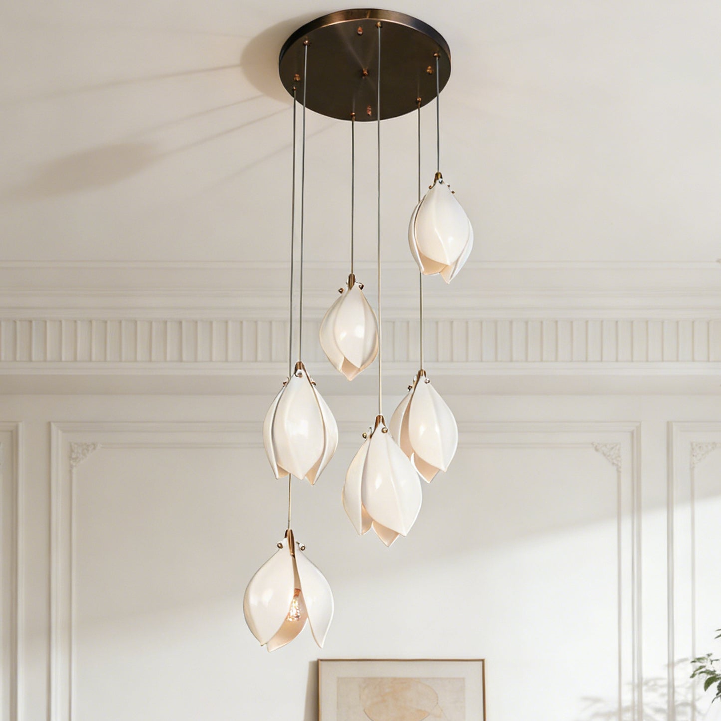 Modern White Magnolia Flower Pendant Light - 3-Color E26 Adjustable Height Ceiling Lamp