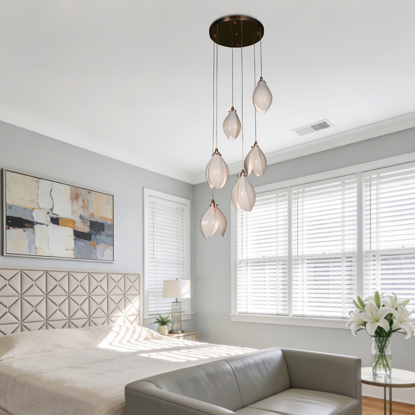 Modern White Magnolia Flower Pendant Light - 3-Color E26 Adjustable Height Ceiling Lamp