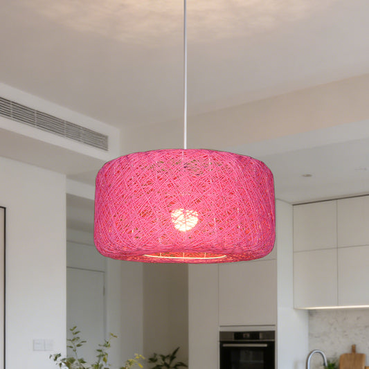 Boho Pink Rattan Woven Pendant Light | Drum Shade Adjustable Height Hanging Light
