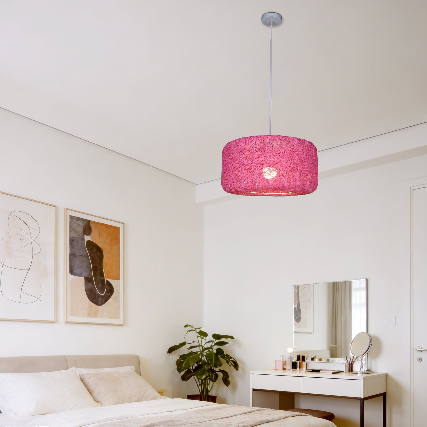 Boho Pink Rattan Woven Pendant Light | Drum Shade Adjustable Height Hanging Light