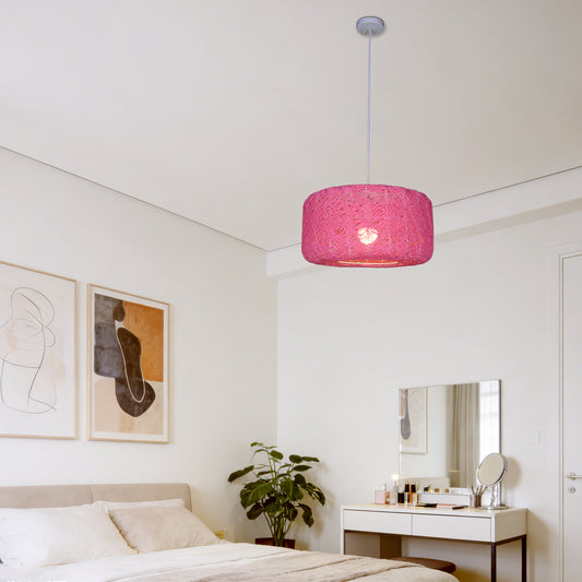 Boho Pink Rattan Woven Pendant Light | Drum Shade Adjustable Height Hanging Light