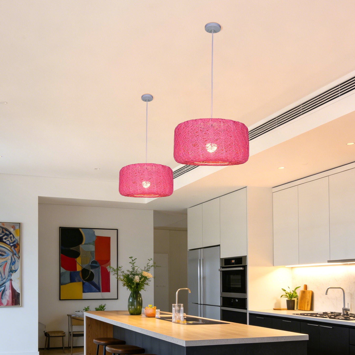 Boho Pink Rattan Woven Pendant Light | Drum Shade Adjustable Height Hanging Light
