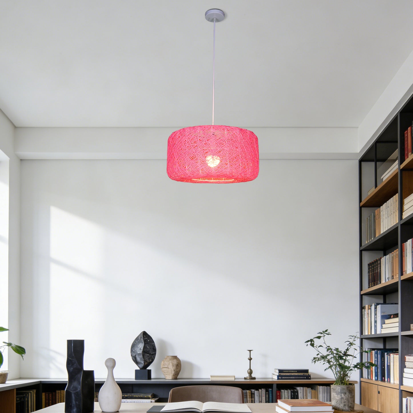 Boho Pink Rattan Woven Pendant Light | Drum Shade Adjustable Height Hanging Light