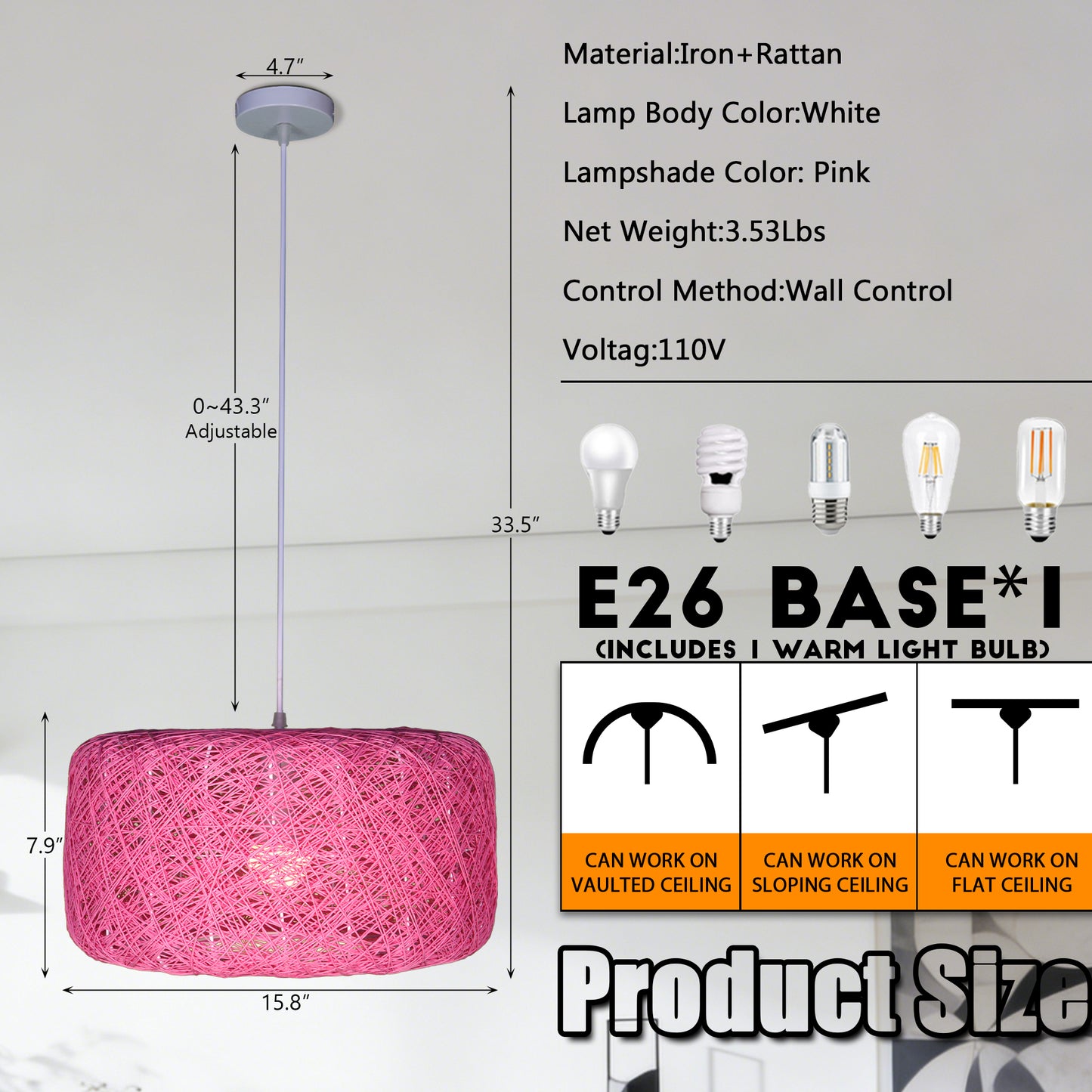 Boho Pink Rattan Woven Pendant Light | Drum Shade Adjustable Height Hanging Light