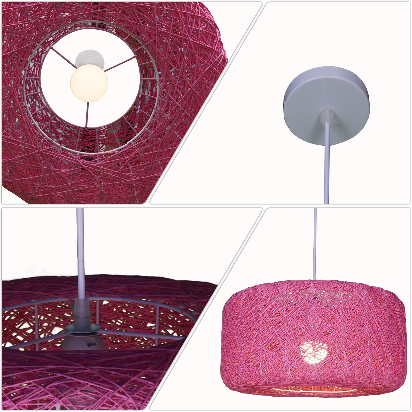 Boho Pink Rattan Woven Pendant Light | Drum Shade Adjustable Height Hanging Light