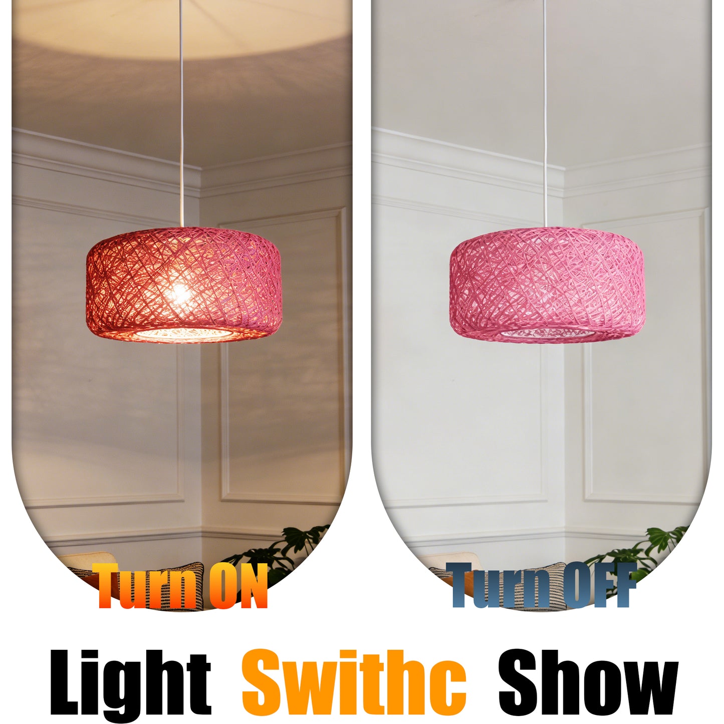Boho Pink Rattan Woven Pendant Light | Drum Shade Adjustable Height Hanging Light