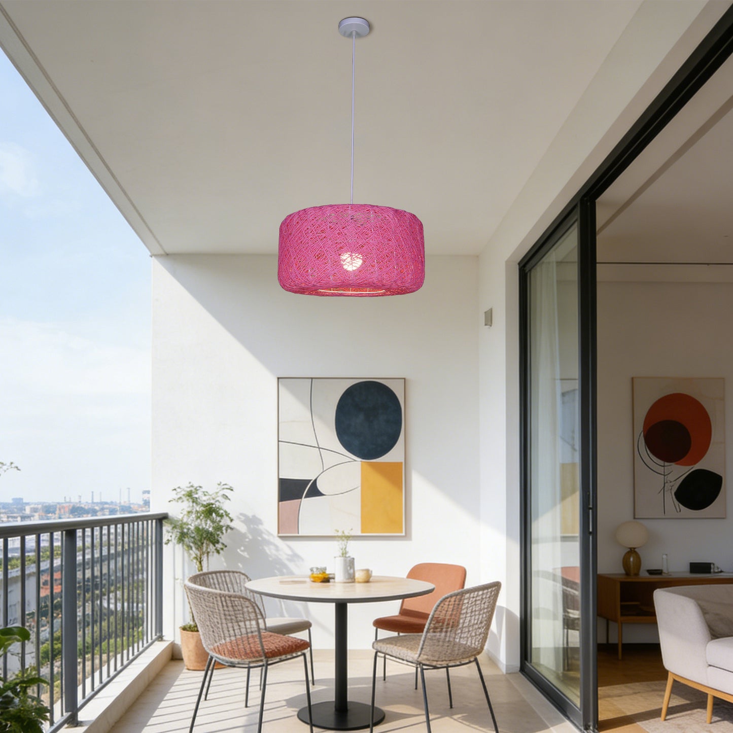 Boho Pink Rattan Woven Pendant Light | Drum Shade Adjustable Height Hanging Light