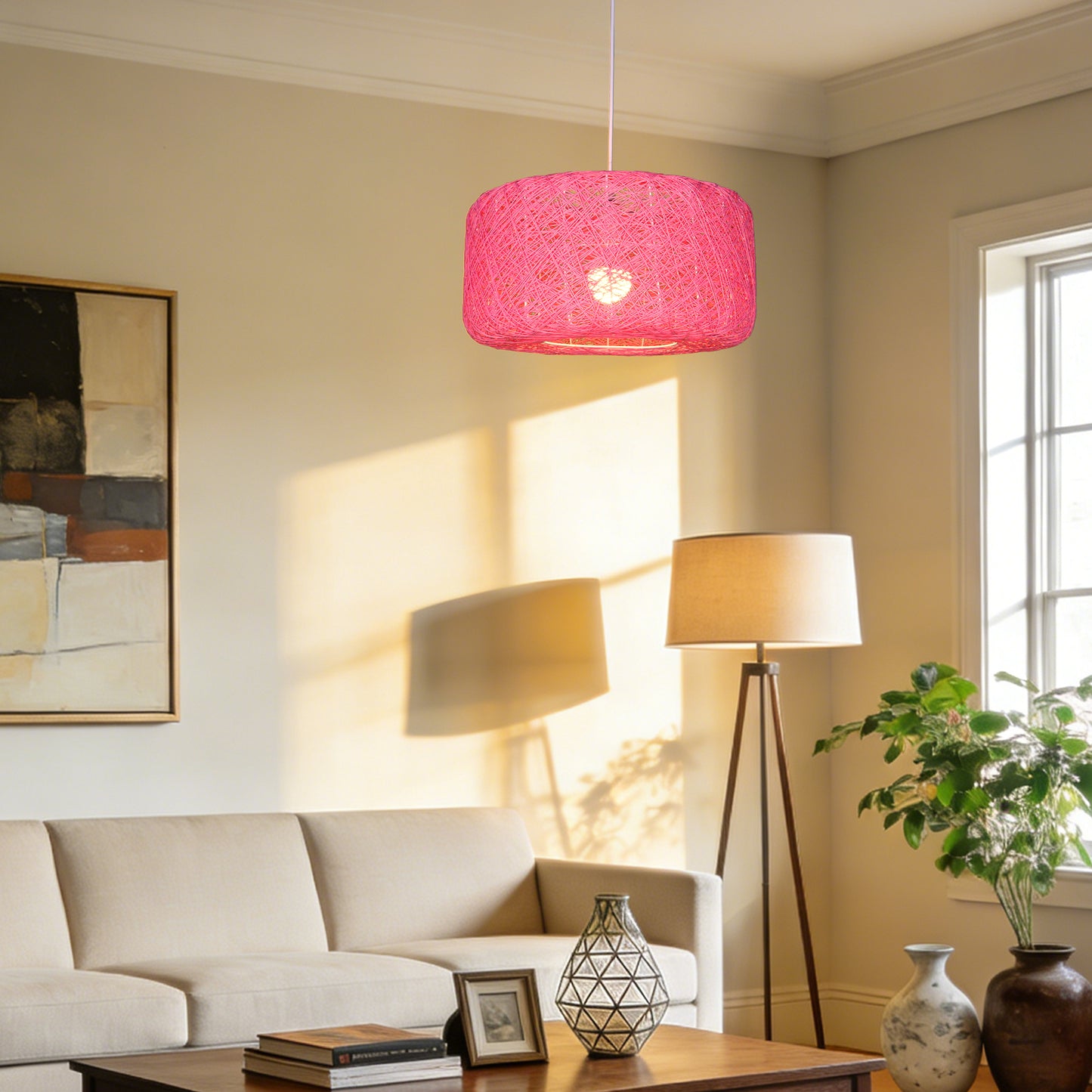 Boho Pink Rattan Woven Pendant Light | Drum Shade Adjustable Height Hanging Light