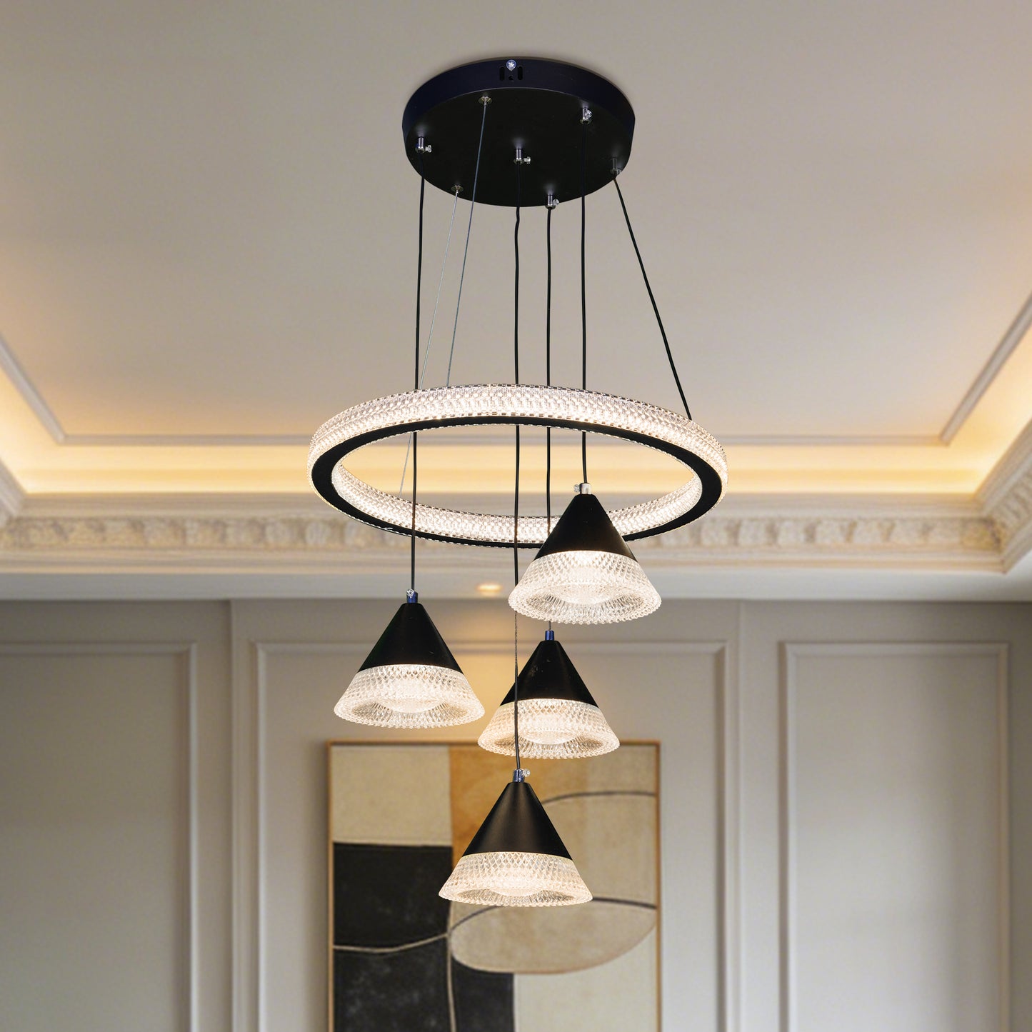 Modern Black Ring Crystal Pendant Light - 3-Color Dimmable Adjustable Height Ceiling Lamp