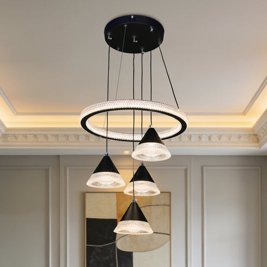 Modern Black Ring Crystal Pendant Light - 3-Color Dimmable Adjustable Height Ceiling Lamp