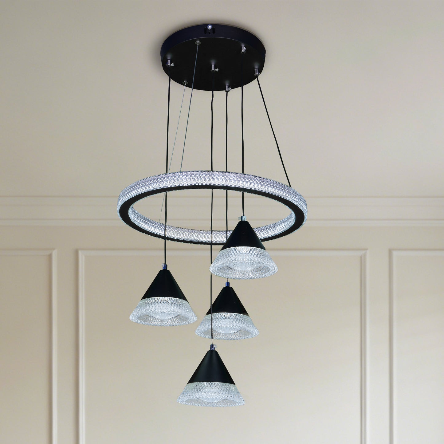 Modern Black Ring Crystal Pendant Light - 3-Color Dimmable Adjustable Height Ceiling Lamp