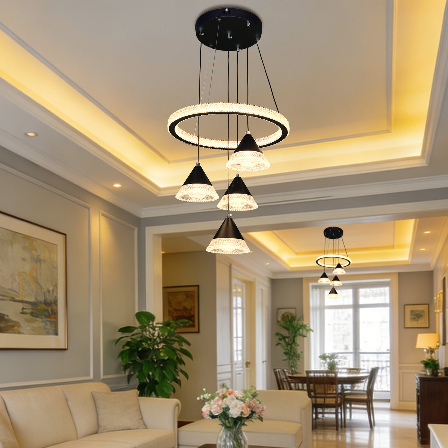 Modern Black Ring Crystal Pendant Light - 3-Color Dimmable Adjustable Height Ceiling Lamp