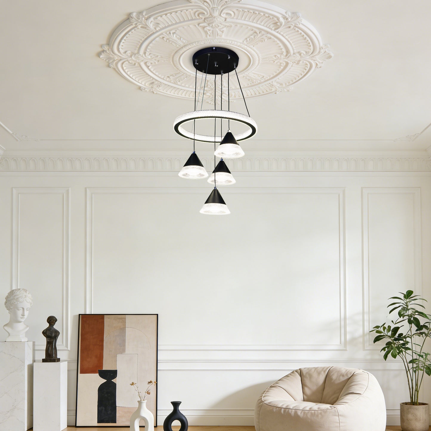 Modern Black Ring Crystal Pendant Light - 3-Color Dimmable Adjustable Height Ceiling Lamp