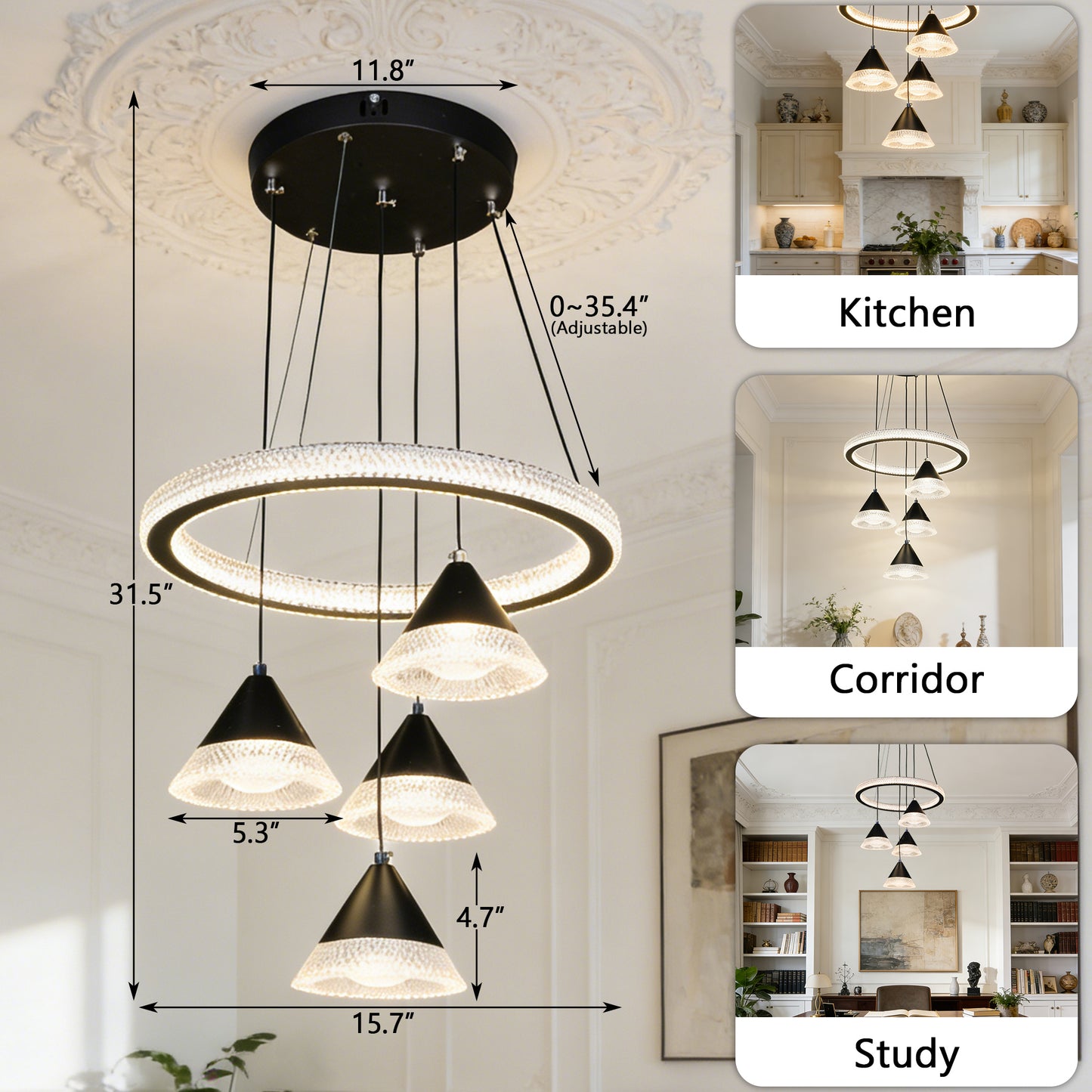 Modern Black Ring Crystal Pendant Light - 3-Color Dimmable Adjustable Height Ceiling Lamp