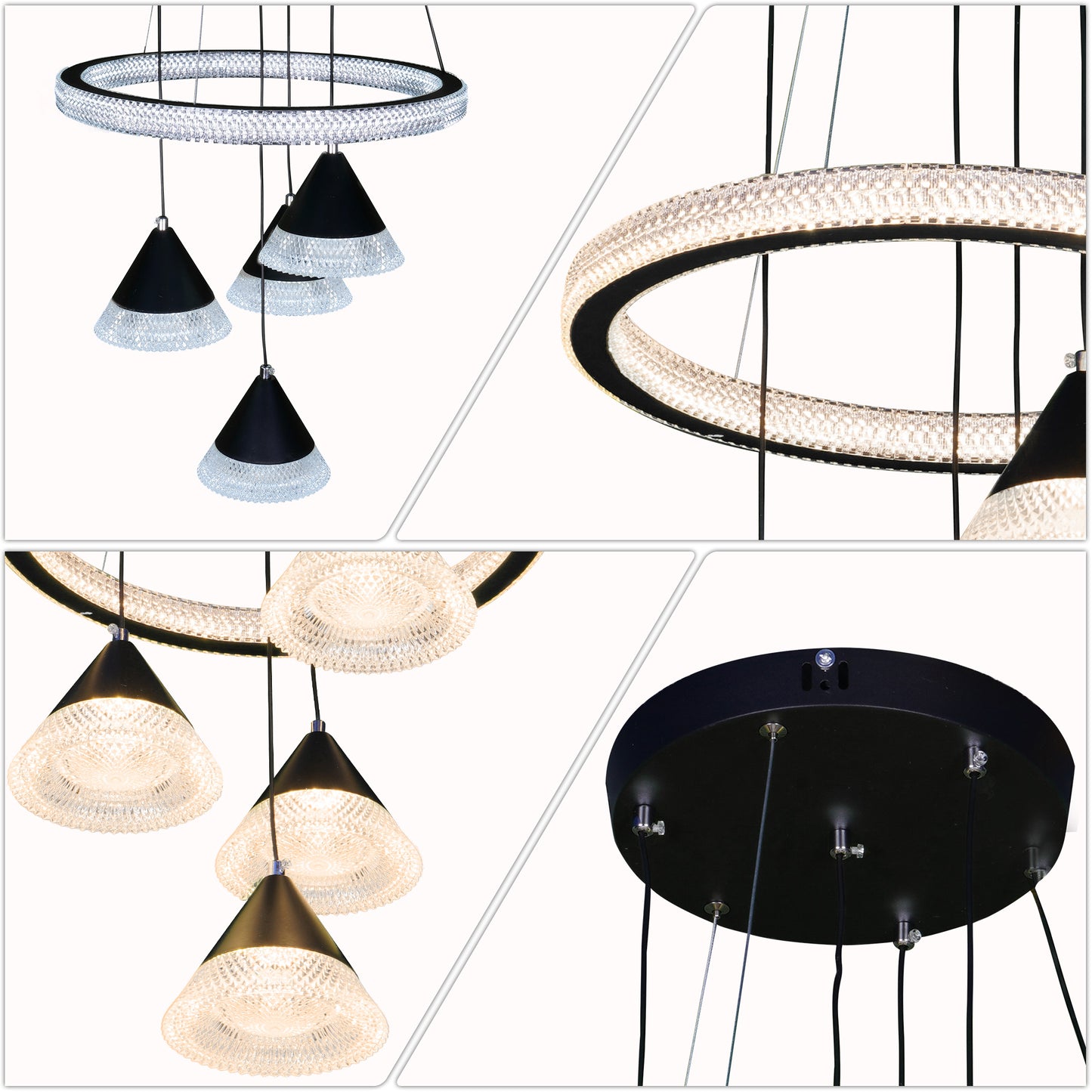 Modern Black Ring Crystal Pendant Light - 3-Color Dimmable Adjustable Height Ceiling Lamp