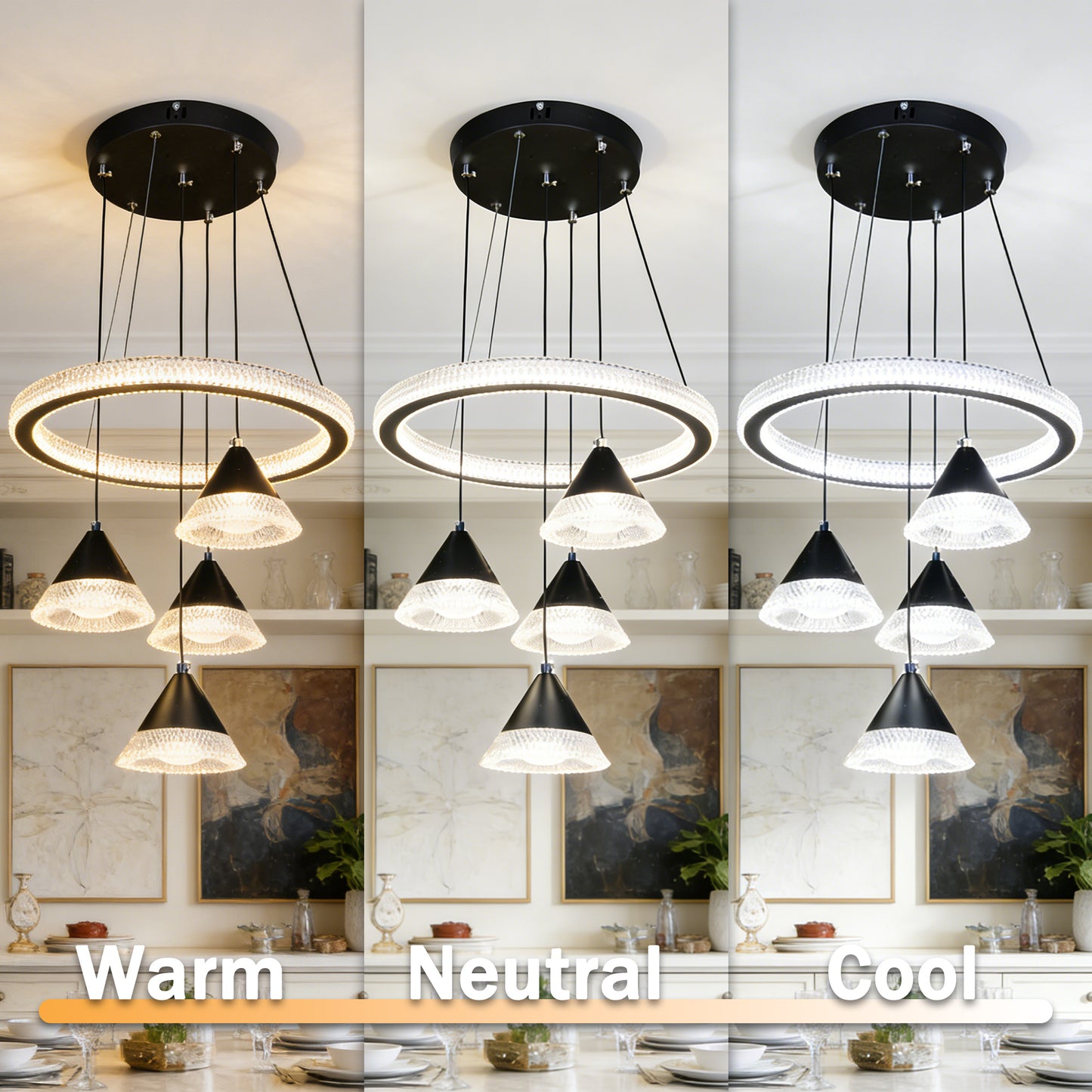 Modern Black Ring Crystal Pendant Light - 3-Color Dimmable Adjustable Height Ceiling Lamp