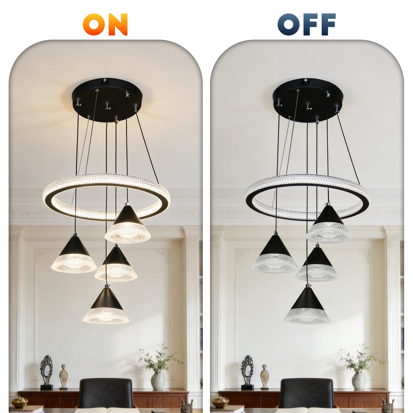 Modern Black Ring Crystal Pendant Light - 3-Color Dimmable Adjustable Height Ceiling Lamp