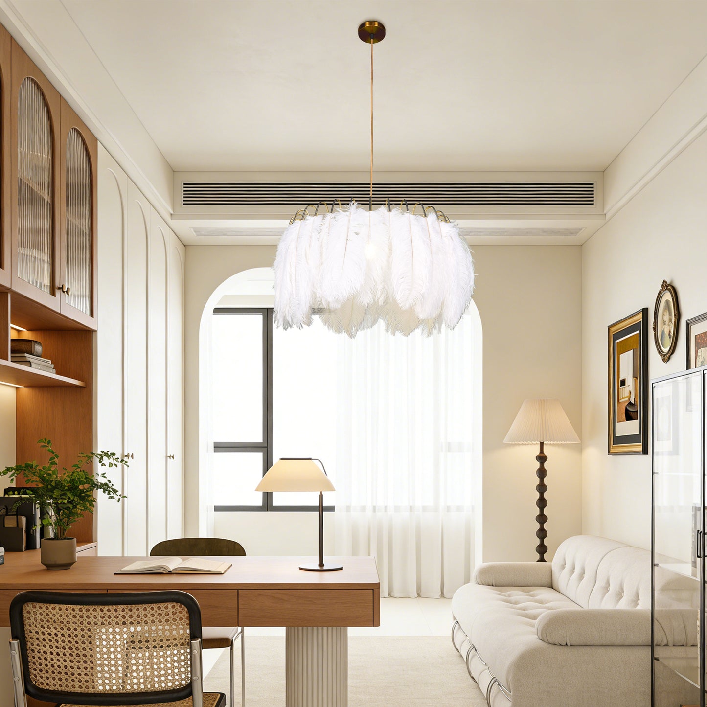 Dimmable 3-Color White Ostrich Feather Chandelier | Modern Gold Adjustable Height Pendant Light