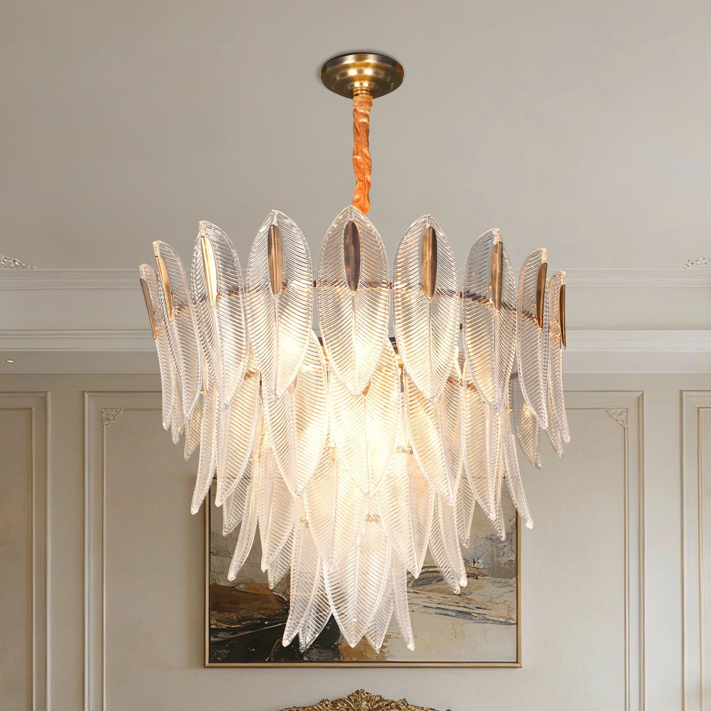 Dimmable 3-Color Glass Leaf Chandelier | Modern Luxury Adjustable Height Pendant Light for Living Room Dining Room Bedroom Study