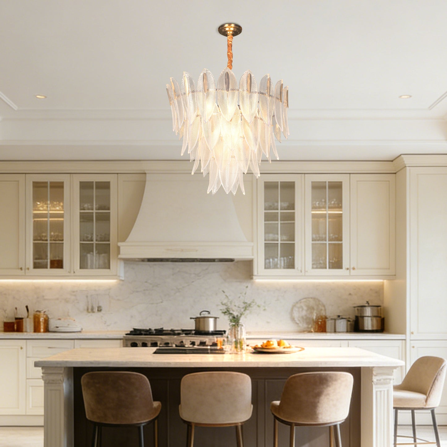 Dimmable 3-Color Glass Leaf Chandelier | Modern Luxury Adjustable Height Pendant Light for Living Room Dining Room Bedroom Study