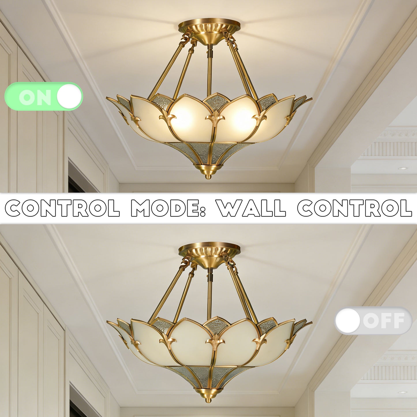 Art Deco Style Lotus Flush Mount Ceiling Light, 3-Color Dimmable Brass Glass Ceiling Lamp