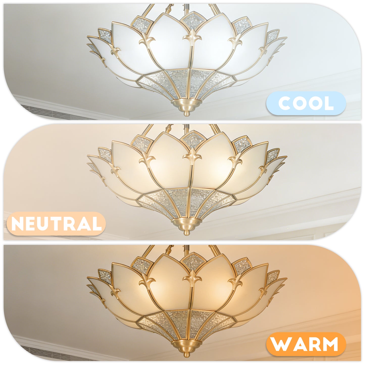 Art Deco Style Lotus Flush Mount Ceiling Light, 3-Color Dimmable Brass Glass Ceiling Lamp
