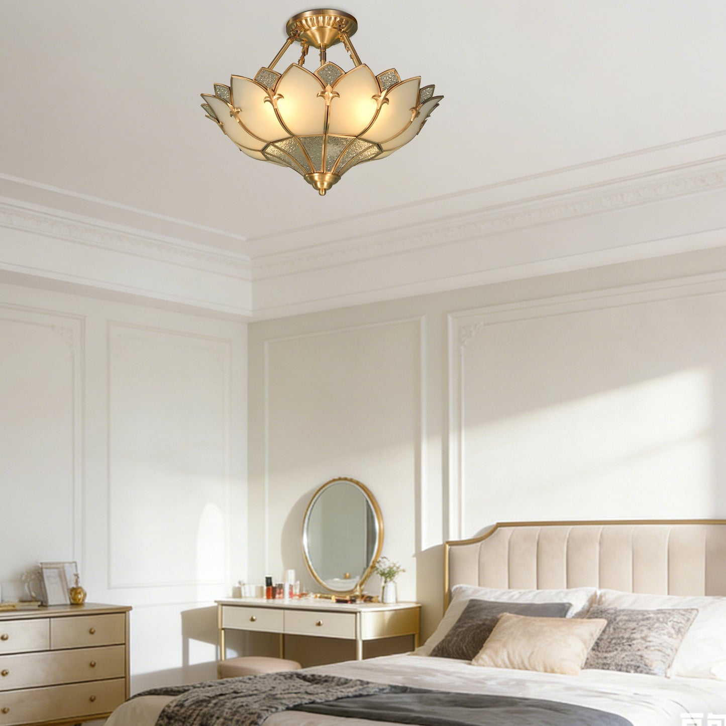 Art Deco Style Lotus Flush Mount Ceiling Light, 3-Color Dimmable Brass Glass Ceiling Lamp