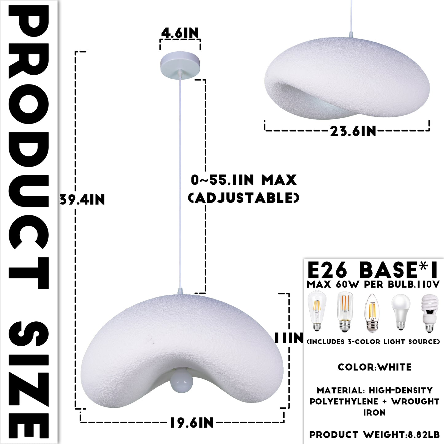 Modern White Cloud Stone Pendant Light - 3-Color Dimmable E26 Adjustable Height Ceiling Lamp