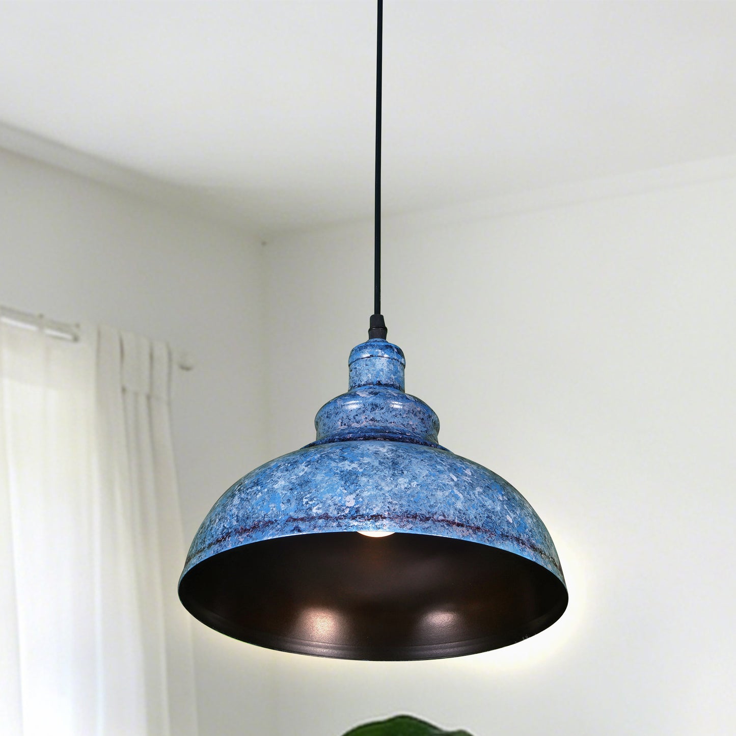 Vintage Industrial Blue Wrought Iron Pendant Light - E26 Base Adjustable Height Ceiling Lamp Includes Warm Light Bulb