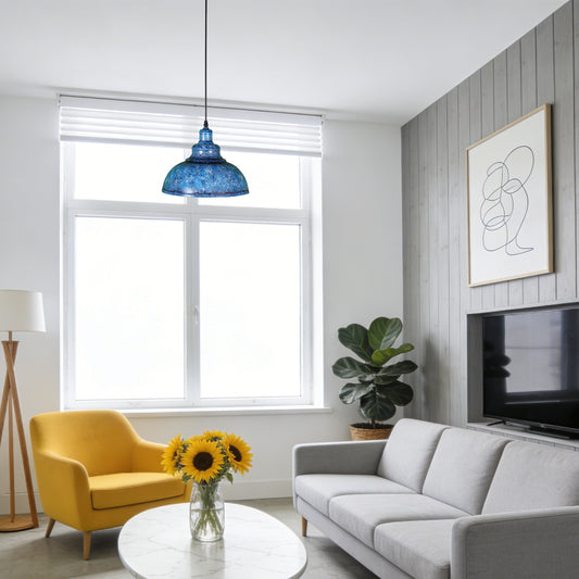 Vintage Industrial Blue Wrought Iron Pendant Light - E26 Base Adjustable Height Ceiling Lamp Includes Warm Light Bulb