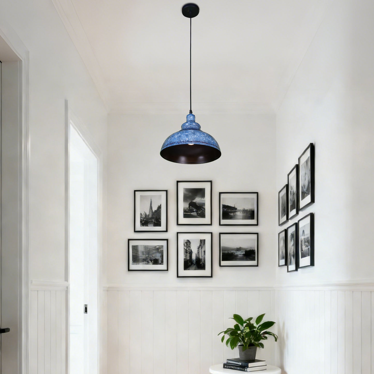 Vintage Industrial Blue Wrought Iron Pendant Light - E26 Base Adjustable Height Ceiling Lamp Includes Warm Light Bulb