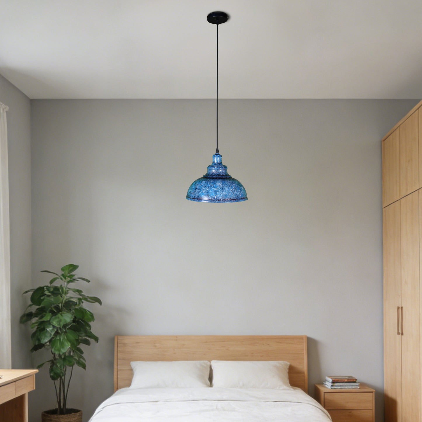 Vintage Industrial Blue Wrought Iron Pendant Light - E26 Base Adjustable Height Ceiling Lamp Includes Warm Light Bulb