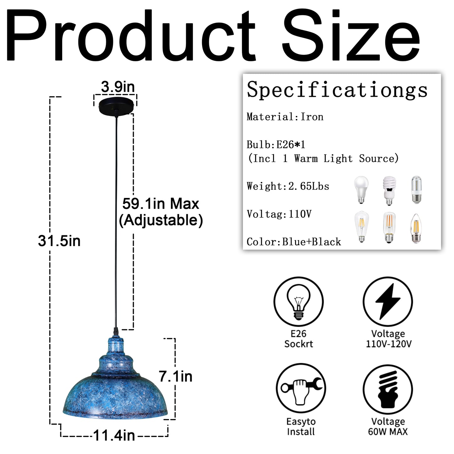 Vintage Industrial Blue Wrought Iron Pendant Light - E26 Base Adjustable Height Ceiling Lamp Includes Warm Light Bulb