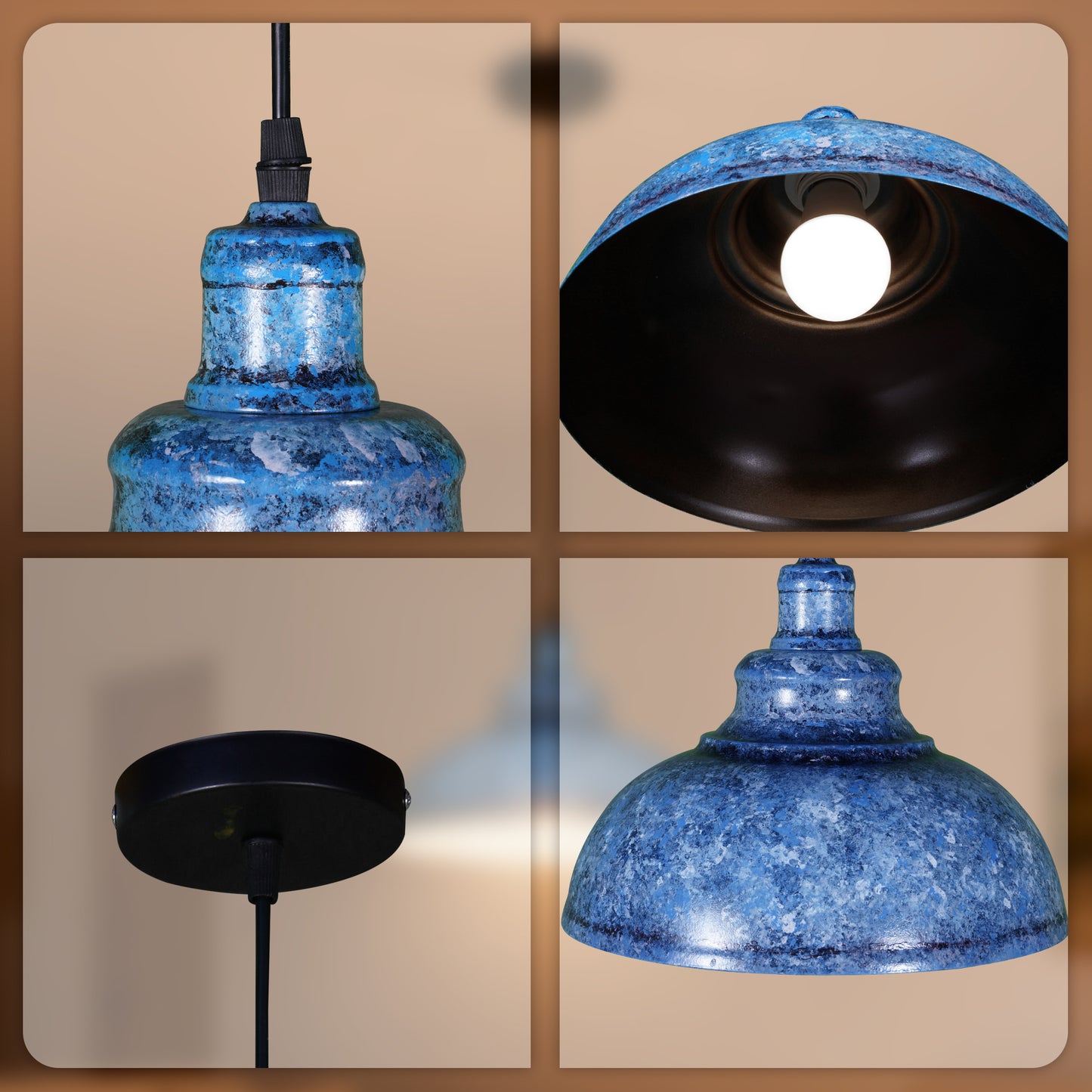 Vintage Industrial Blue Wrought Iron Pendant Light - E26 Base Adjustable Height Ceiling Lamp Includes Warm Light Bulb
