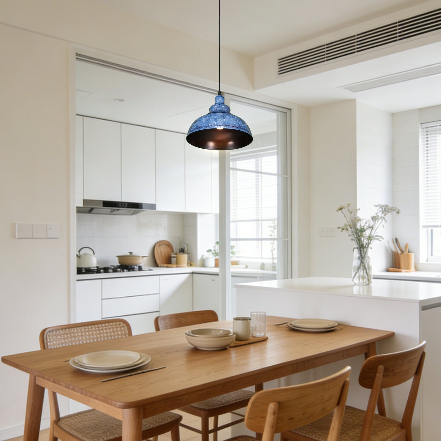 Vintage Industrial Blue Wrought Iron Pendant Light - E26 Base Adjustable Height Ceiling Lamp Includes Warm Light Bulb