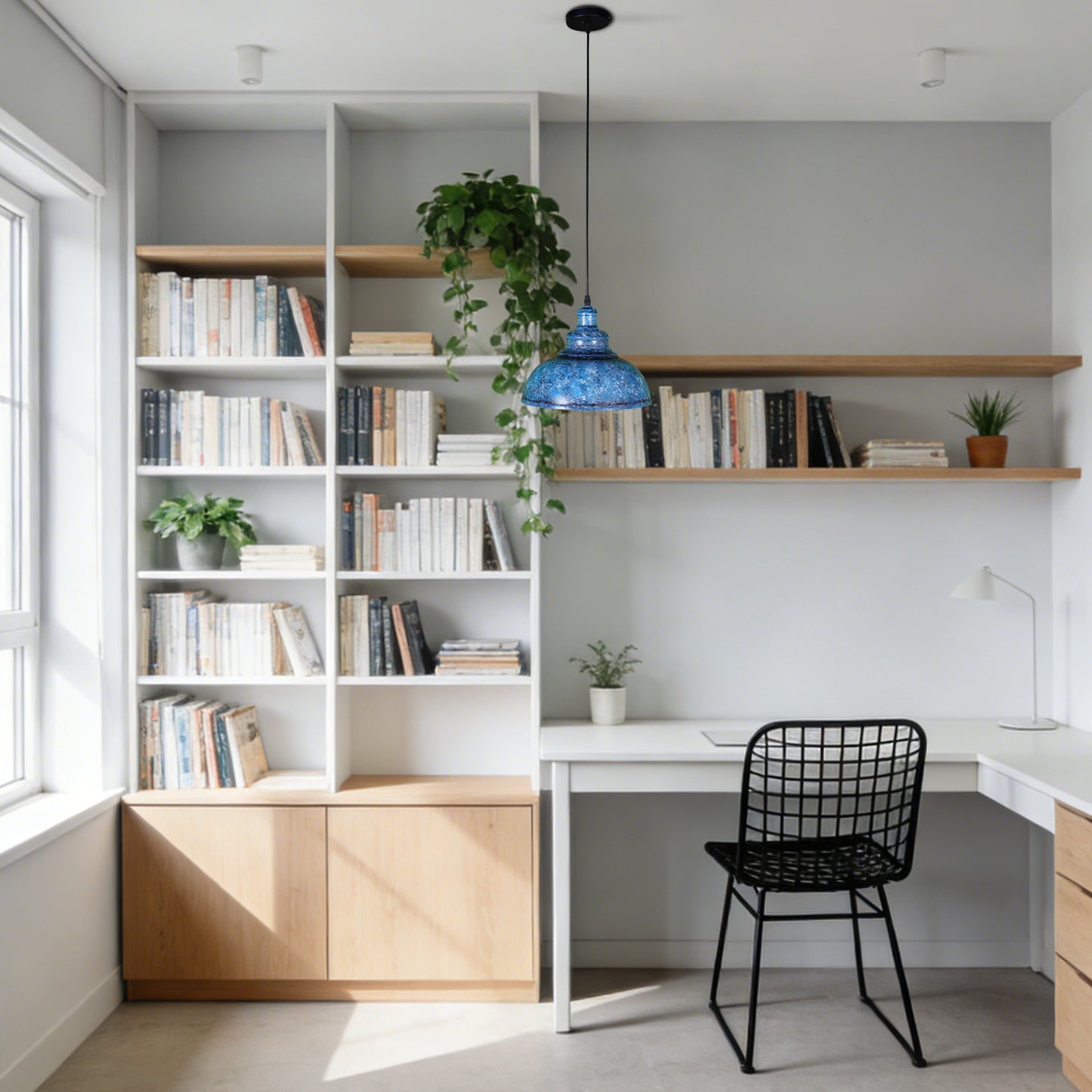 Vintage Industrial Blue Wrought Iron Pendant Light - E26 Base Adjustable Height Ceiling Lamp Includes Warm Light Bulb