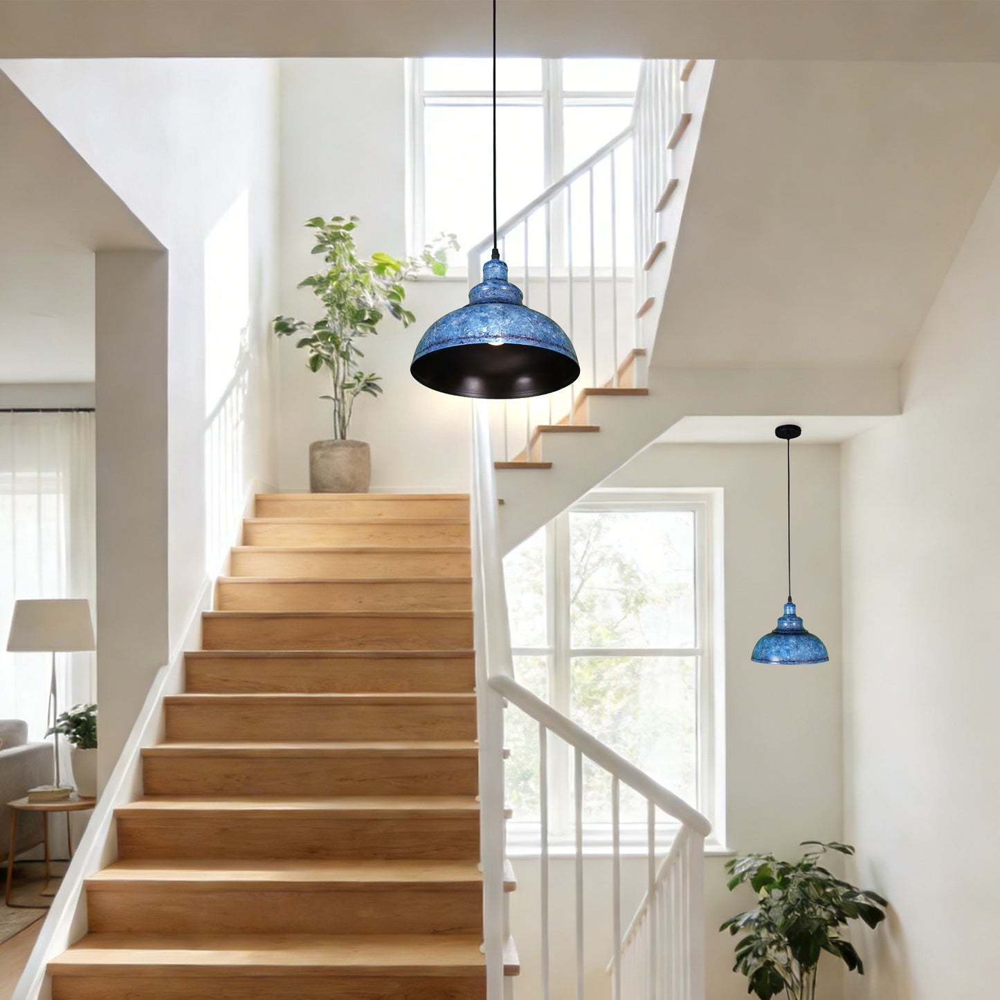 Vintage Industrial Blue Wrought Iron Pendant Light - E26 Base Adjustable Height Ceiling Lamp Includes Warm Light Bulb