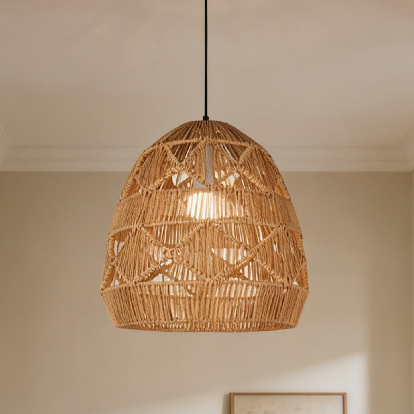 Bohemian Woven Rattan Pendant Light - Adjustable Height Egg-Shaped Ceiling Lamp Boho Farmhouse Style