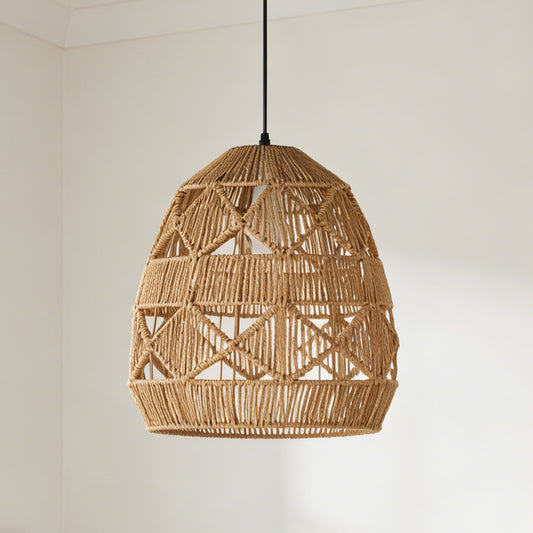 Bohemian Woven Rattan Pendant Light - Adjustable Height Egg-Shaped Ceiling Lamp Boho Farmhouse Style