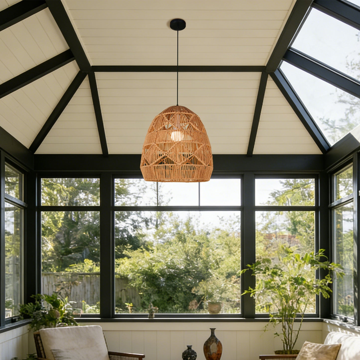 Bohemian Woven Rattan Pendant Light - Adjustable Height Egg-Shaped Ceiling Lamp Boho Farmhouse Style