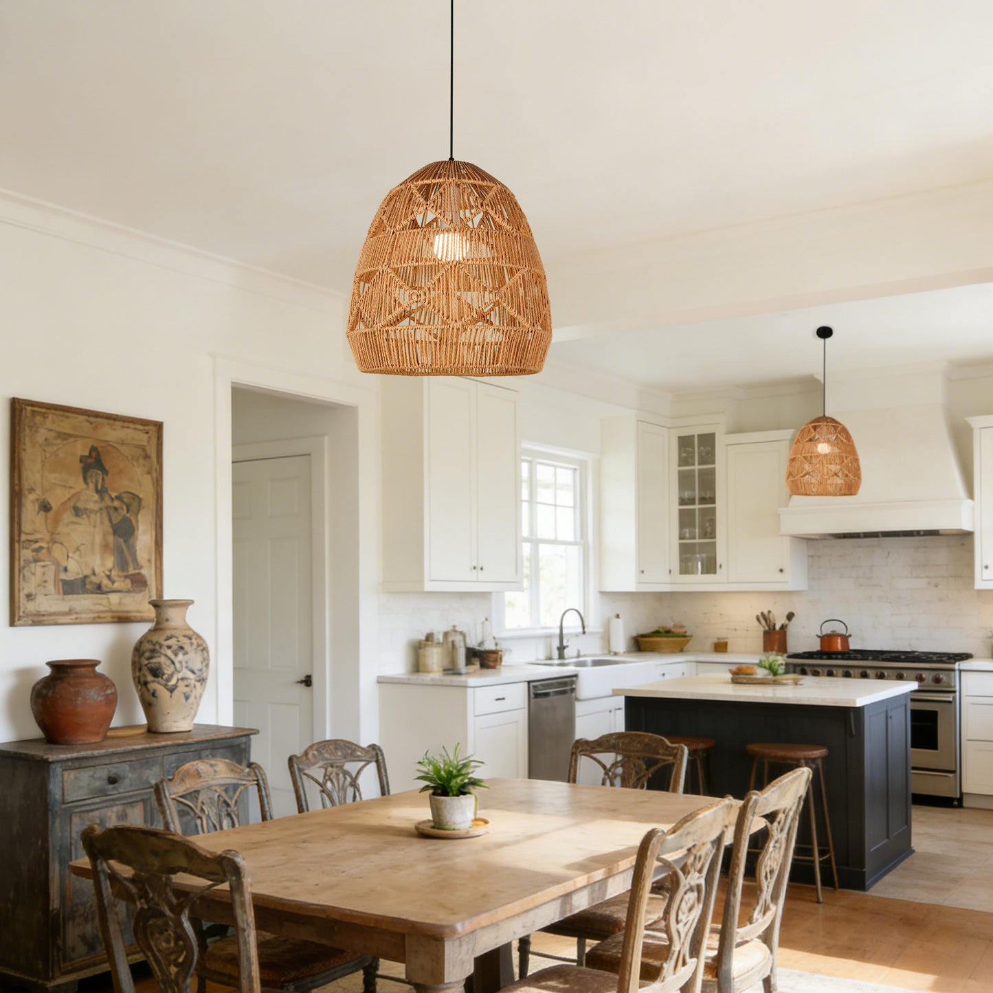 Bohemian Woven Rattan Pendant Light - Adjustable Height Egg-Shaped Ceiling Lamp Boho Farmhouse Style