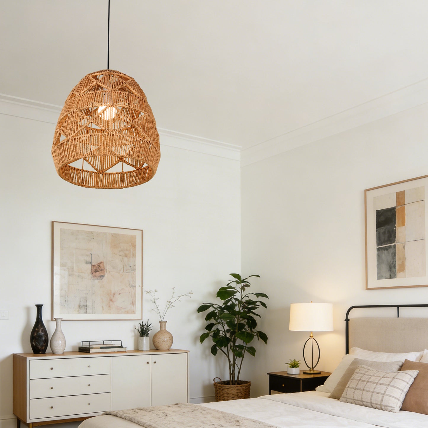 Bohemian Woven Rattan Pendant Light - Adjustable Height Egg-Shaped Ceiling Lamp Boho Farmhouse Style