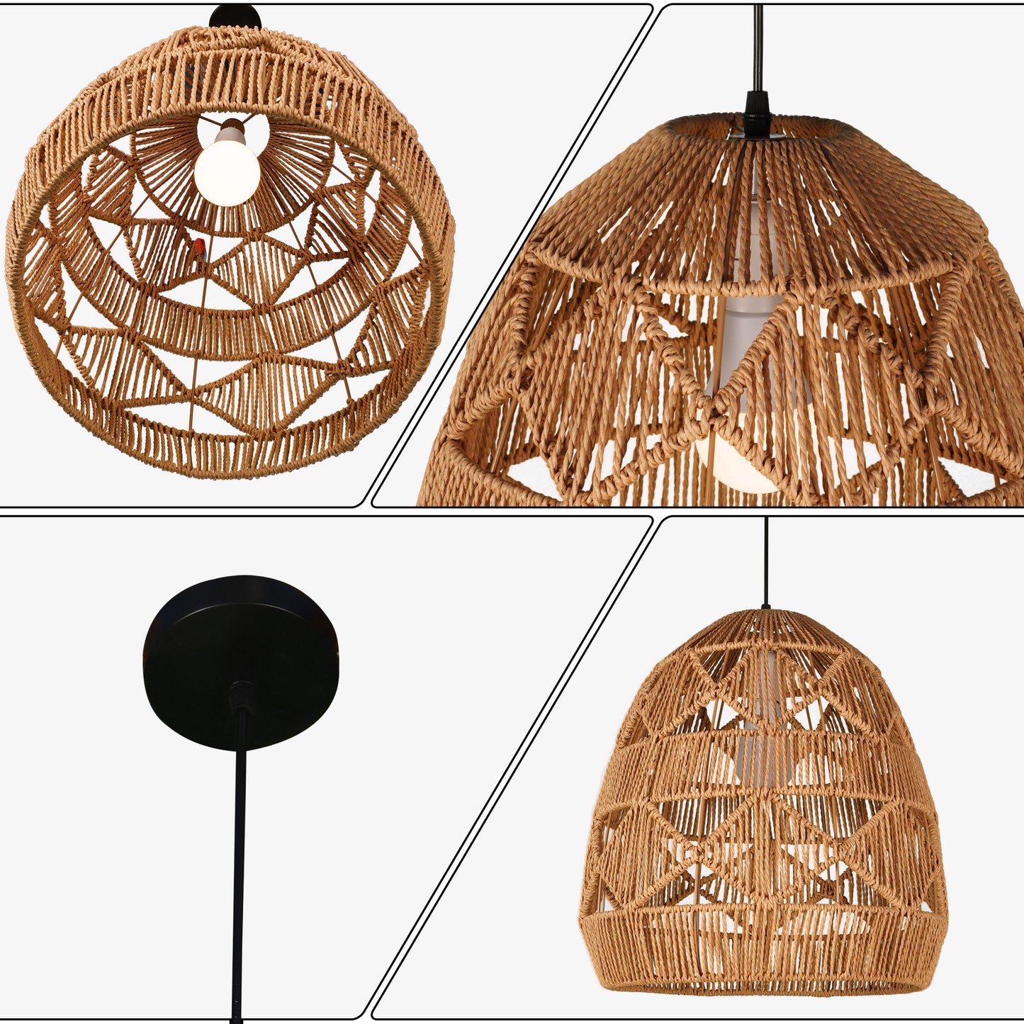 Bohemian Woven Rattan Pendant Light - Adjustable Height Egg-Shaped Ceiling Lamp Boho Farmhouse Style