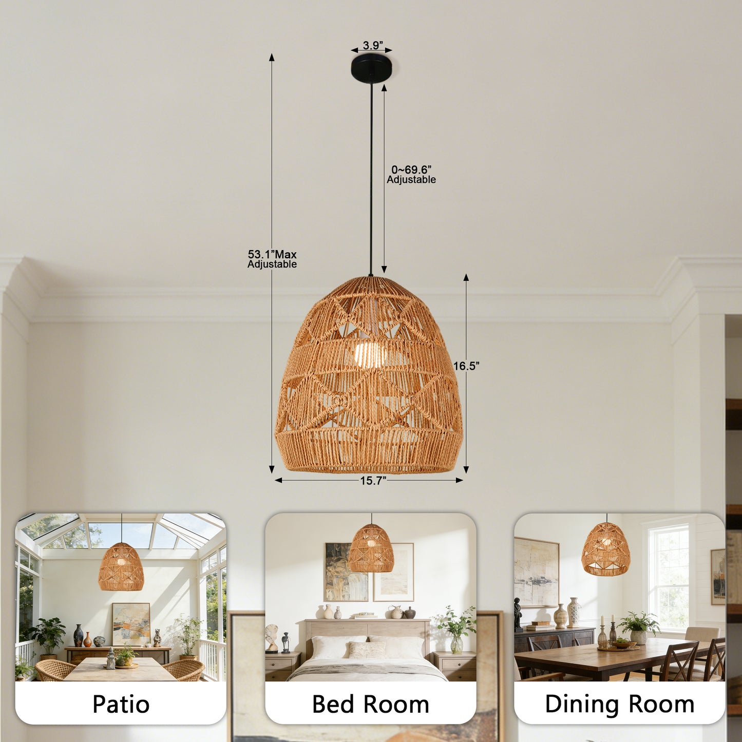 Bohemian Woven Rattan Pendant Light - Adjustable Height Egg-Shaped Ceiling Lamp Boho Farmhouse Style