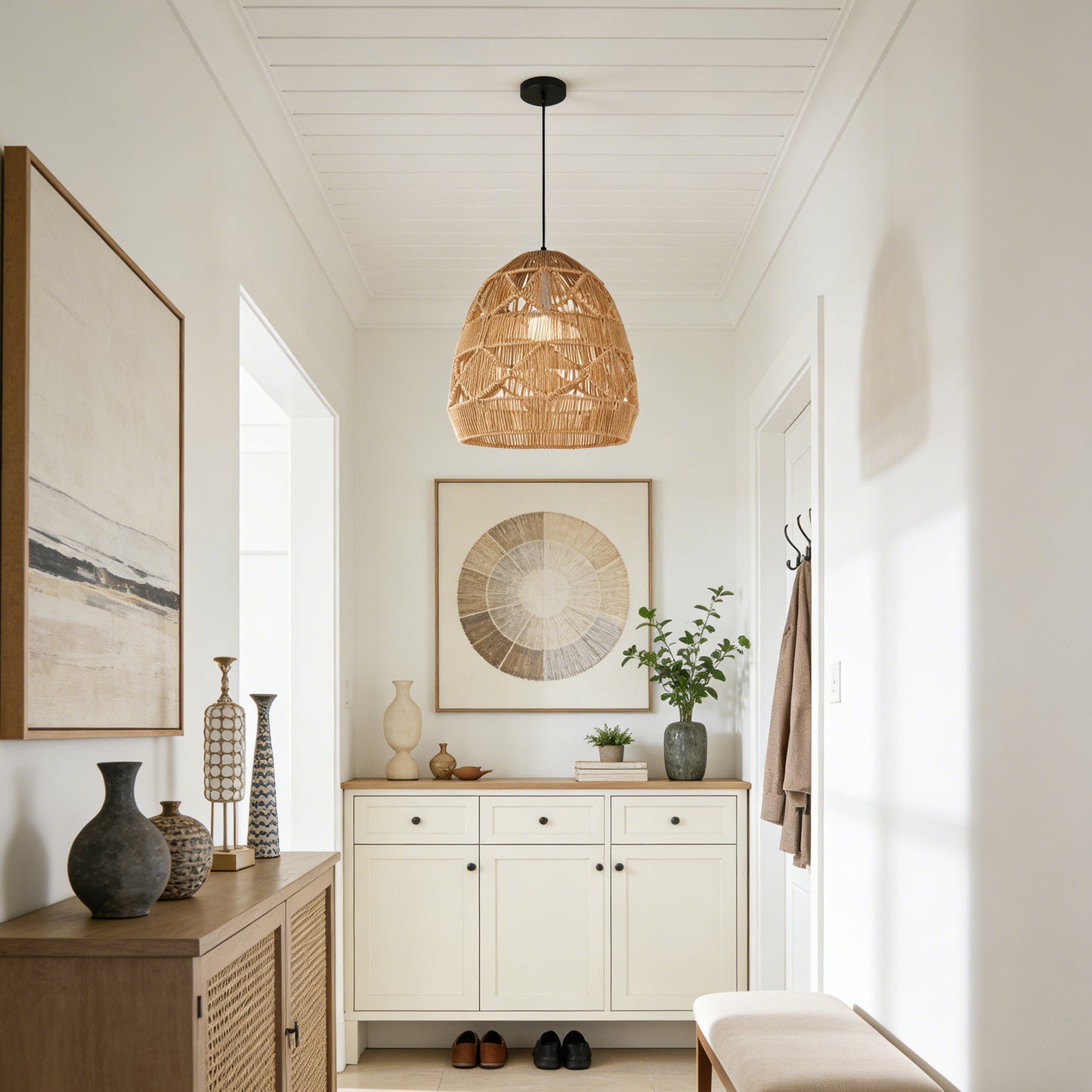 Bohemian Woven Rattan Pendant Light - Adjustable Height Egg-Shaped Ceiling Lamp Boho Farmhouse Style